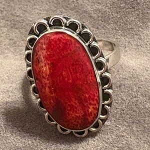 🧡Elegant Red Coral Oval Stone Ring🧡